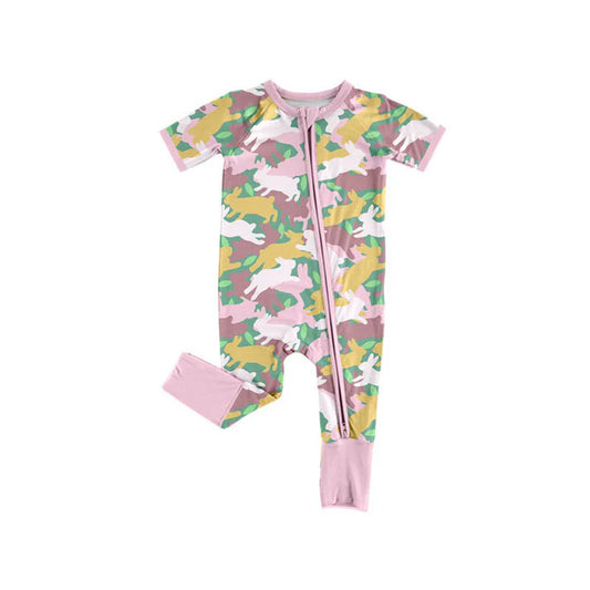 Baby Girls Rabbits Camo Easter Two Way Zip Convertible Rompers Preorder 11.29