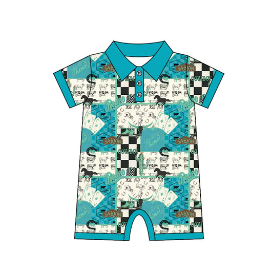 Baby Boys Short Sleeve Boot Horses Checked Cowboy Western Button Rompers Preorder 11.29