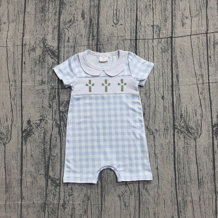 Embroidery Crosses Baby Boys Blue Checked Easter Collar Rompers Preorder 1.14