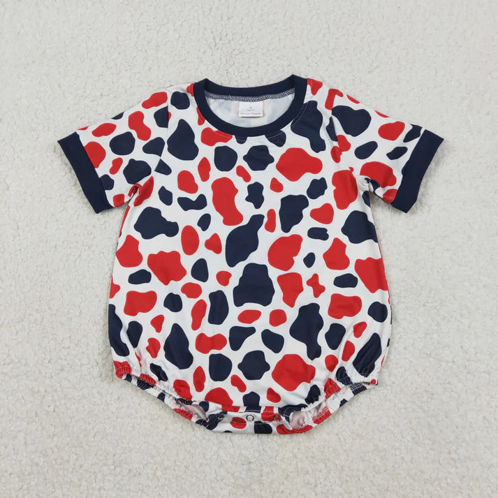 Sibling Baby Boys Red Blue Cow Print Button Tops Shorts 4th of July Clothes Set Rompers