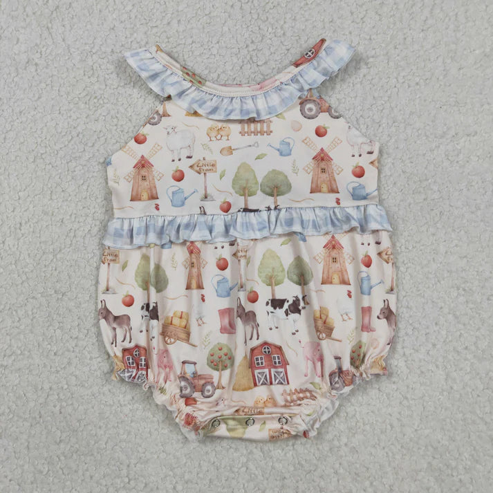 Sibling Baby Girls Pigs Cows Tunic Checked Ruffle Short Farm Clothes Set Rompers