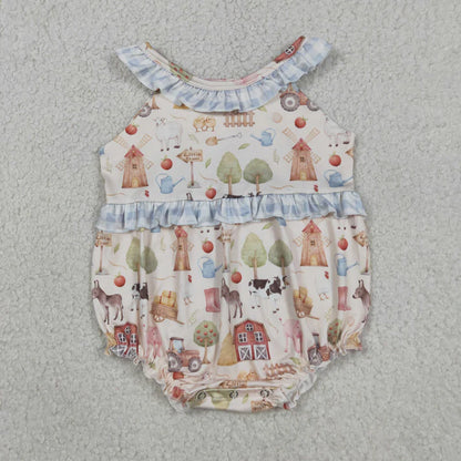 Sibling Baby Girls Pigs Cows Tunic Checked Ruffle Short Farm Clothes Set Rompers