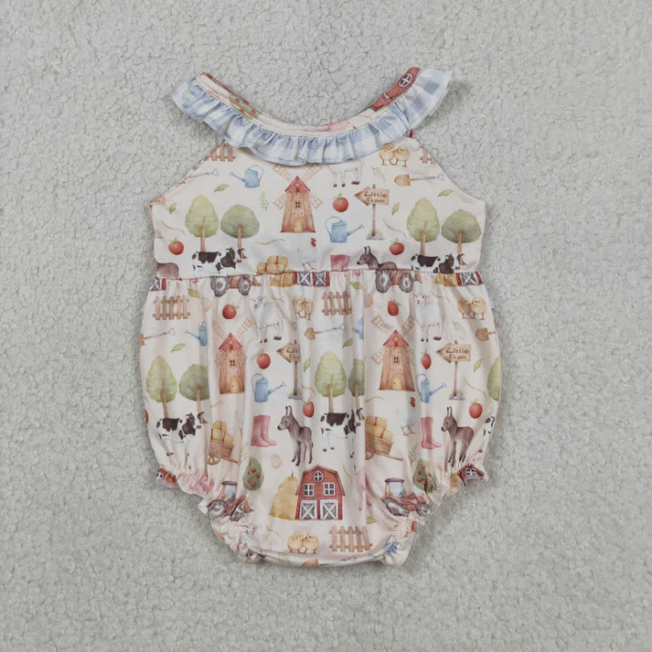 Sibling Baby Girls Pigs Cows Tunic Checked Ruffle Short Farm Clothes Set Rompers