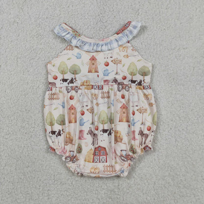 Sibling Baby Girls Pigs Cows Tunic Checked Ruffle Short Farm Clothes Set Rompers