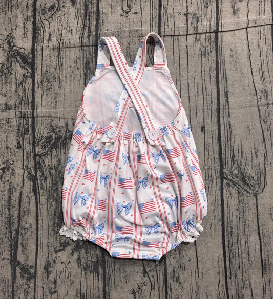 Baby Girls Strap Flags Bows Stripe 4th of July Ruffle Rompers SR3862