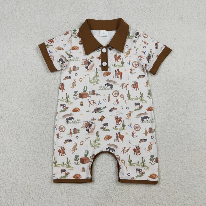 Sibling Baby Boys Horse Rodeos Top Pockets Short Western Clothes Set Rompers