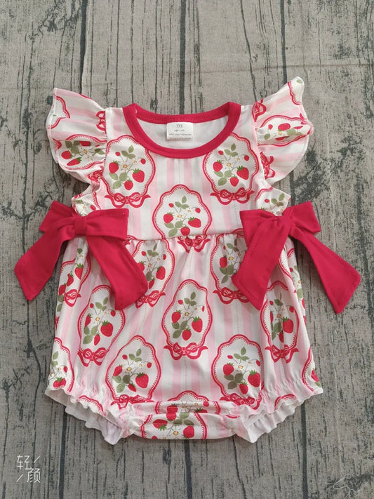 Baby Girls Pink Stripe Flowers Strawberry Bows Ruffle Rompers Preorder 1.14