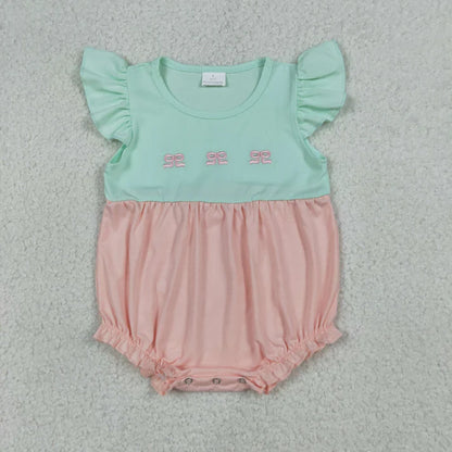 Sibling Baby Girls Clothes Flutter Sleeves Embroidery Bows Knee Length Dress Ruffle Rompers