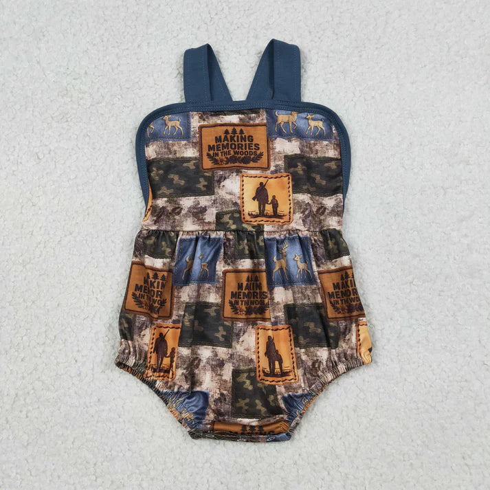 Sibling Baby Boys Deer Camo Checked Top Pockets Short Hunting Clothes Set Rompers
