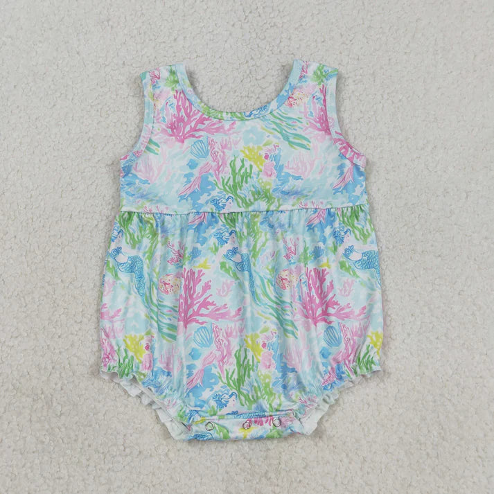 Sibling Baby Girls Sleeveless Colorful Sea Plants Knee Length Dress Rompers