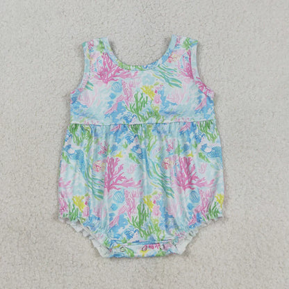 Sibling Baby Girls Sleeveless Colorful Sea Plants Knee Length Dress Rompers