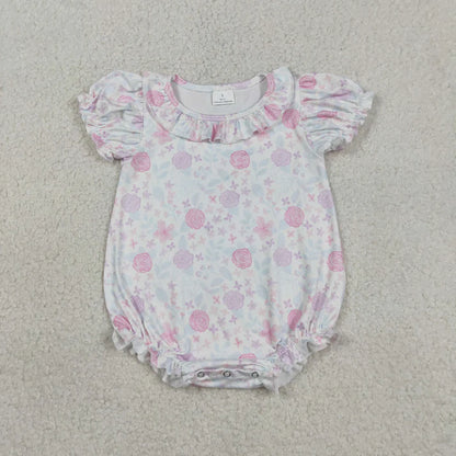 Sibling Baby Girls Short Ruffle Sleeve Flowers Knee Length Dress Rompers