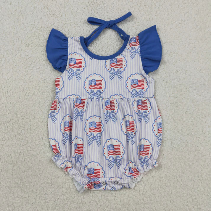 Sibling Baby Girls Flags Bows Tunic Ruffle Short 4th of July Clothes Set Rompers