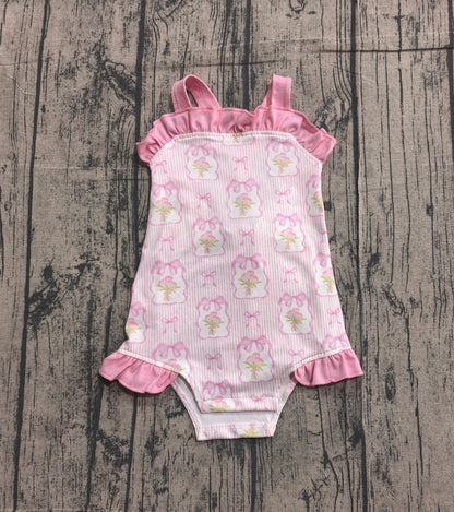 Baby Girls Pink Strap Flowers Back Bows Ruffle Rompers Preorder SR4112