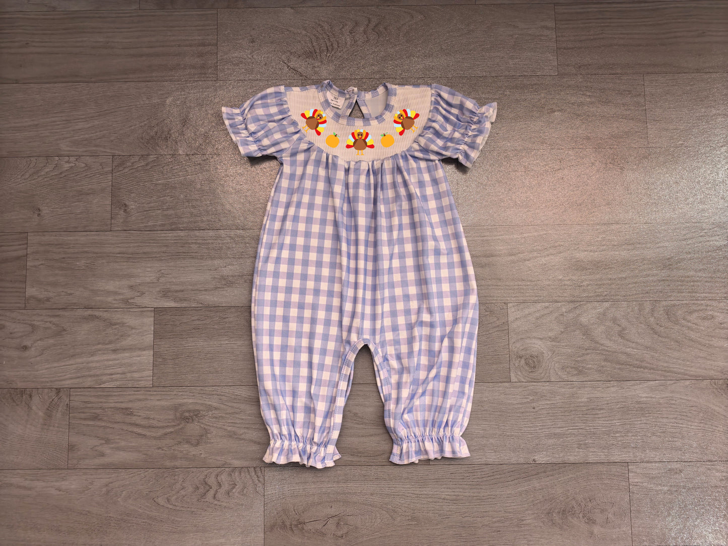 Smocked Turkey Pumpkins Baby Girls Rompers Thanksgiving Blue Checked Pant Rompers Preorder SR4276
