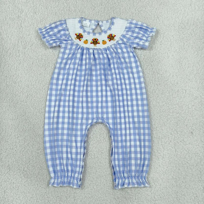 Sibling Baby Girls Smocked Pumpkin Turkey Blue Checked Thanksgivings Dress Rompers