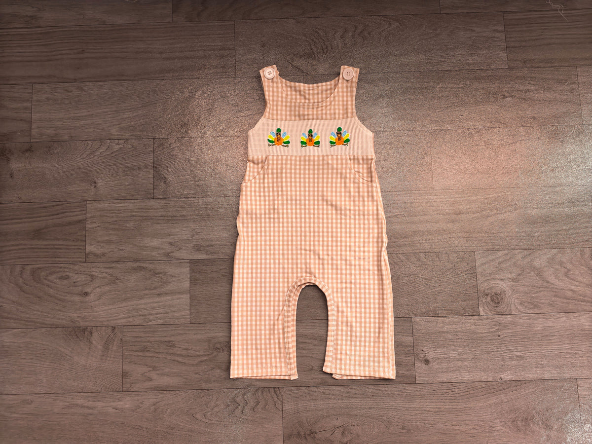 Smocked Turkey Baby Boys Romper Thanksgiving Khaki Checked Pockets Rompers Preorder SR4277