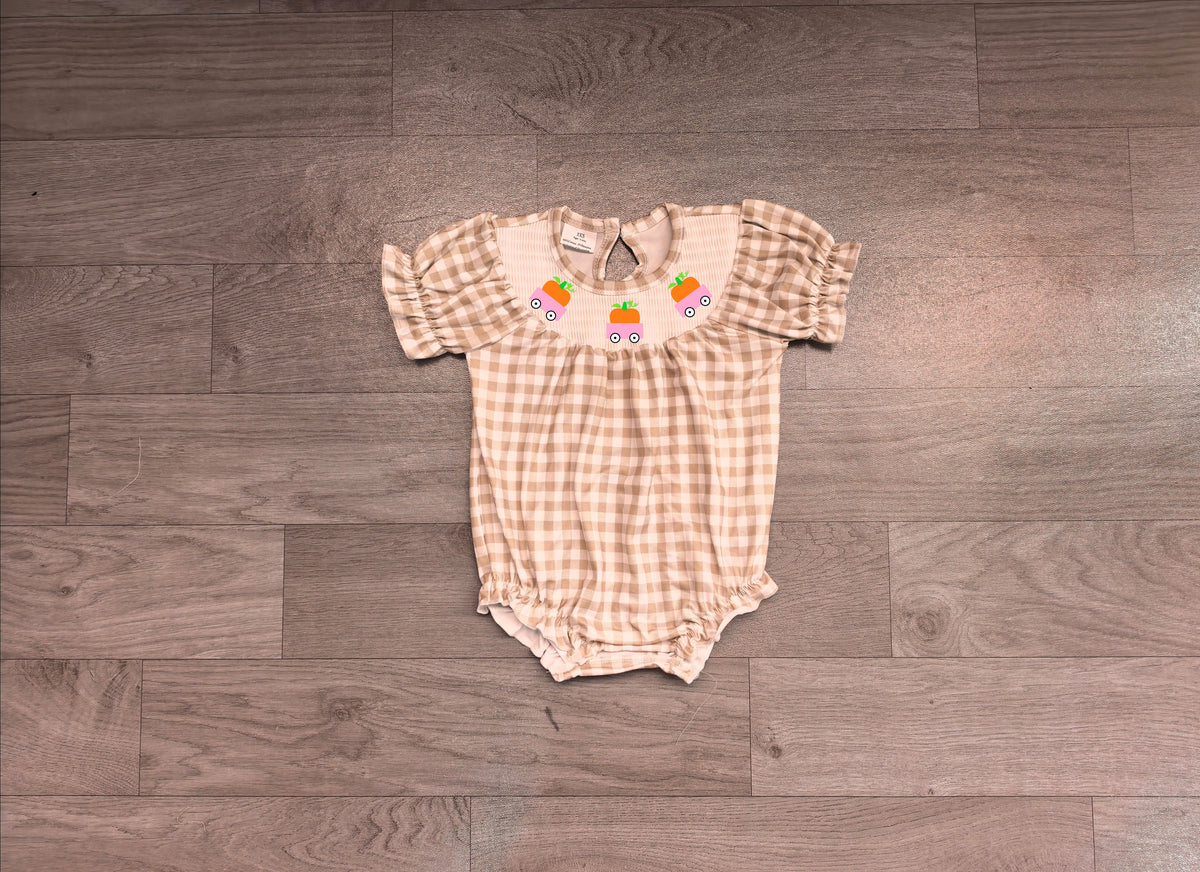 Baby Girls Rompers Smocked Pumpkins Trucks Khaki Checked Fall Ruffle Rompers Preorder SR4280