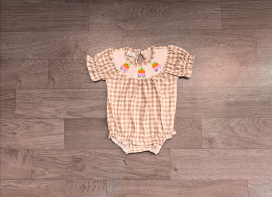 Baby Girls Rompers Smocked Pumpkins Trucks Khaki Checked Fall Ruffle Rompers Preorder SR4280