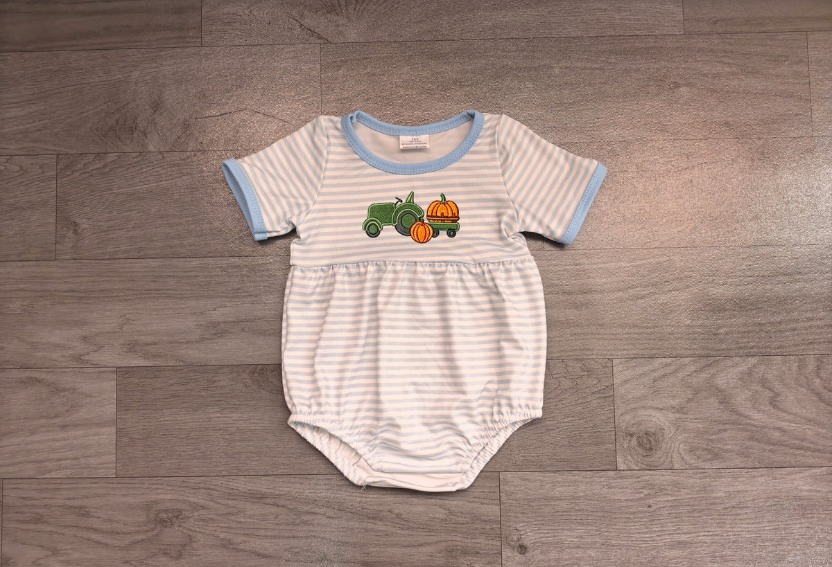 Baby Boys Rompers Embroidery Pumpkins Truck Blue Stripe Fall Rompers Preorder SR4286