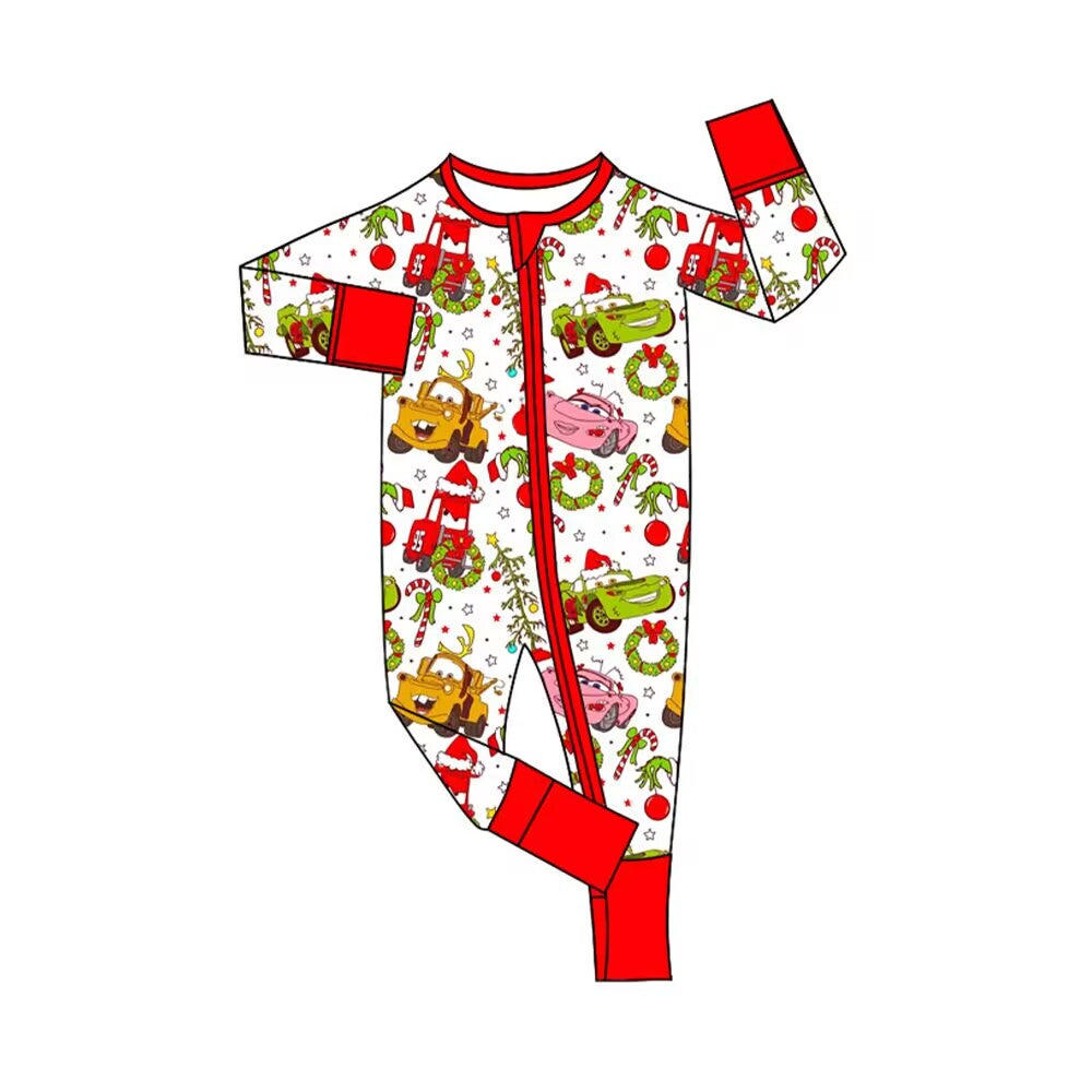 Baby Infant Kids Rompers Christmas Car Green Zip Rompers preorder LR1559