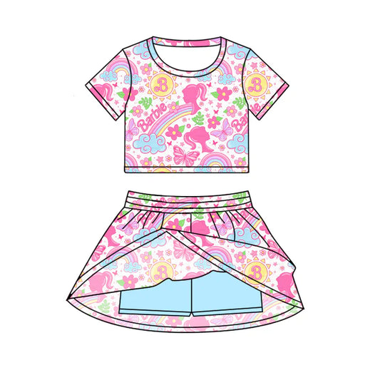 Preorder (moq 5)Baby Girls Pink Doll Cartoon Top Skirt Skort Sets 6.19