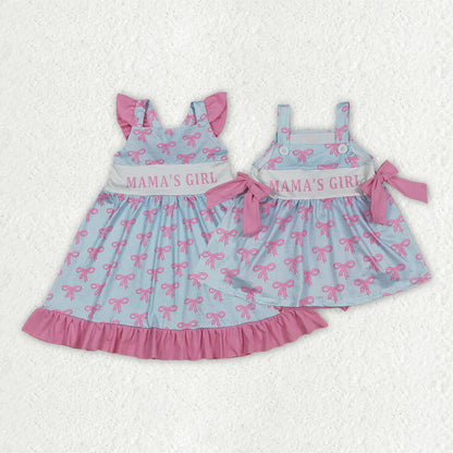 Sibling Mama's Girls Strap Bows Ruffle Knee Length Dress Bummies Tunic Rompers