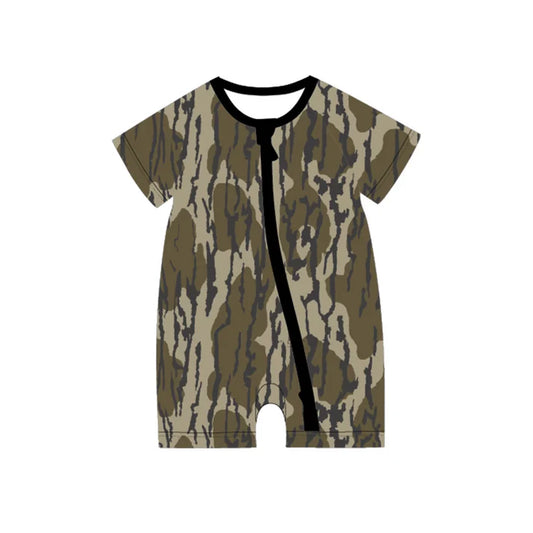 Preorder moq 5 Baby Boys Short Sleeves Olive Bottomland Camo Zipper Rompers 4.29