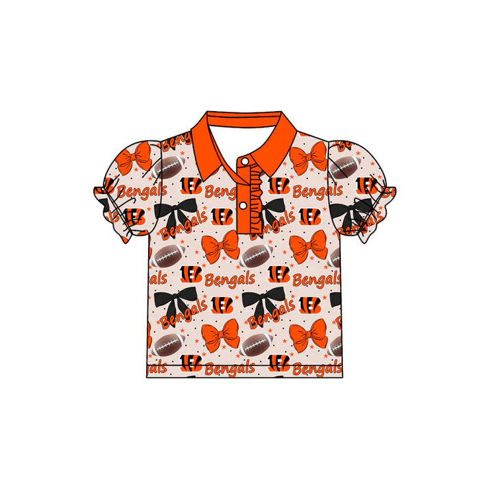 Preorder(moq 5)Baby Girls Bengals Bows Team Short Sleeve Tee Pullovers Polo Shirts Tops 7.22