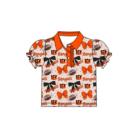 Preorder(moq 5)Baby Girls Bengals Bows Team Short Sleeve Tee Pullovers Polo Shirts Tops 7.22