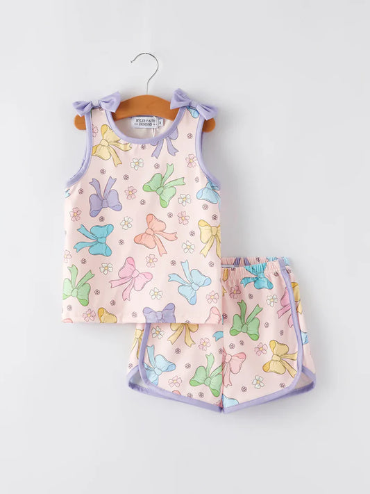 Preorder moq 5 Baby Girls Purple Bows Top Shorts Outfits Clothes Sets 4.23