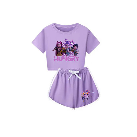 Preorder(moq 5) Baby Girls Cartoon Girls Hungry Top Shorts Purple Clothes Sets 10.4