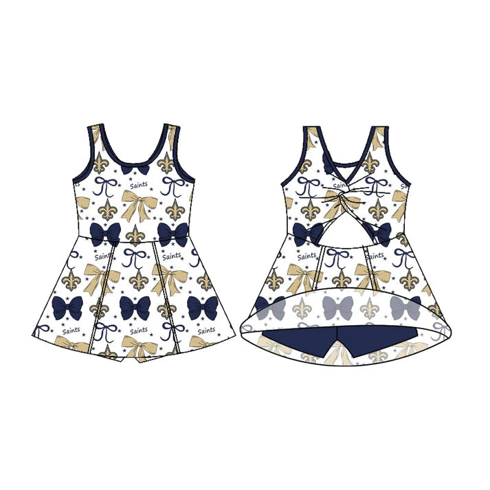 Preorder (moq 5)Baby Girls Sleeveless Saints Bows Shorts Team Knee Length Dresses 7.2