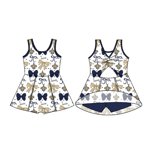 Preorder (moq 5)Baby Girls Sleeveless Saints Bows Shorts Team Knee Length Dresses 7.2