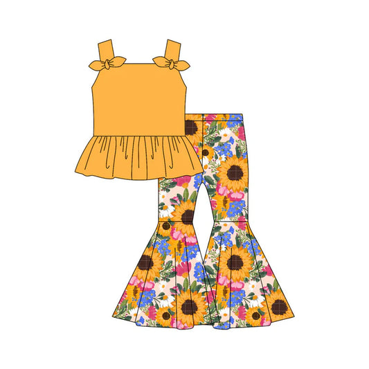 Preorder moq 5 Baby Girls Yellow Strap Bows Tunic Sunflowers Bell Bottom Pants Set 4.30