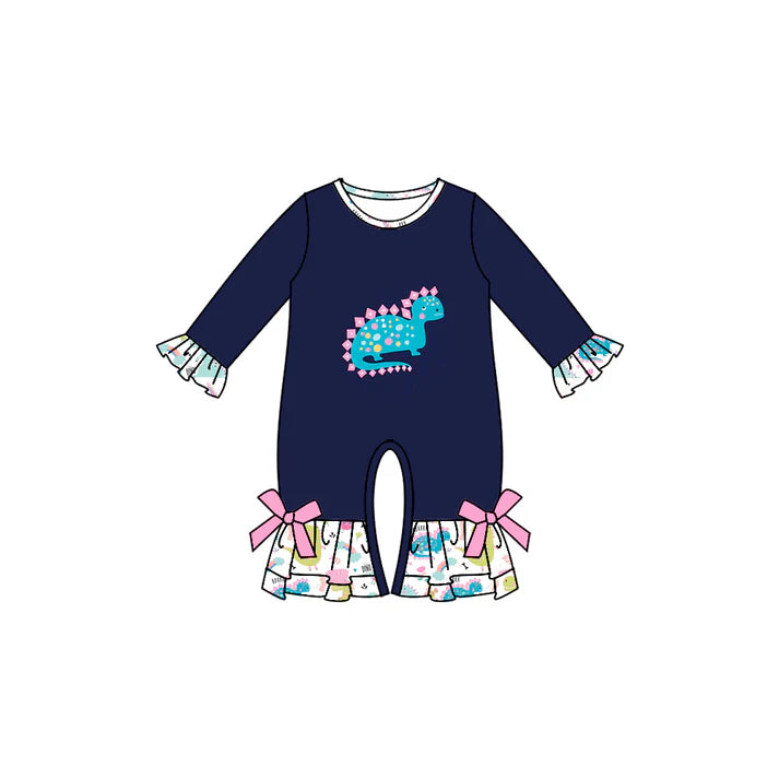 preorder(moq 5)Baby Infant Girls Navy Dinosaurs Ruffles Long Sleeve Rompers 7.21