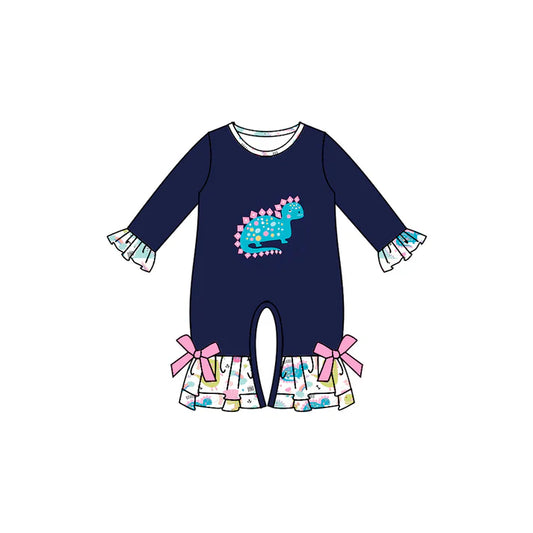 preorder(moq 5)Baby Infant Girls Navy Dinosaurs Ruffles Long Sleeve Rompers 7.21