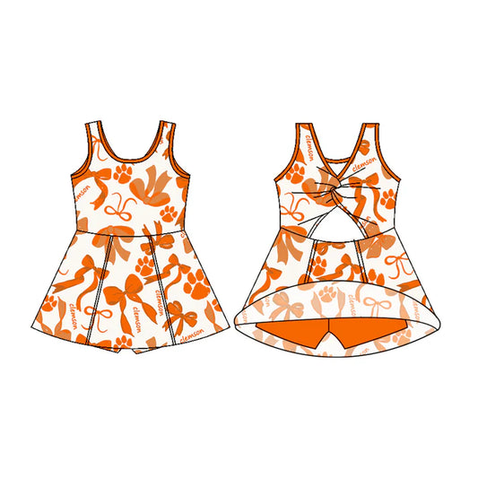 Preorder (moq 5)Baby Girls Sleeveless Clemson Bows Shorts Team Knee Length Dresses 7.1