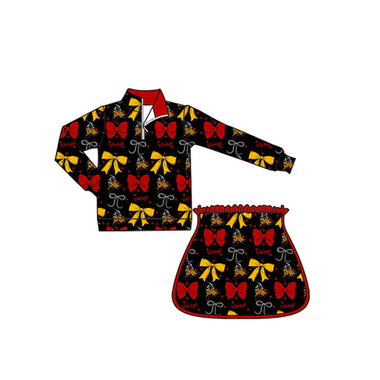 Preorder (moq 5)Baby Girls Black Vikings Bows Team Zip Pullovers Skort Team Clothes Sets 8.29