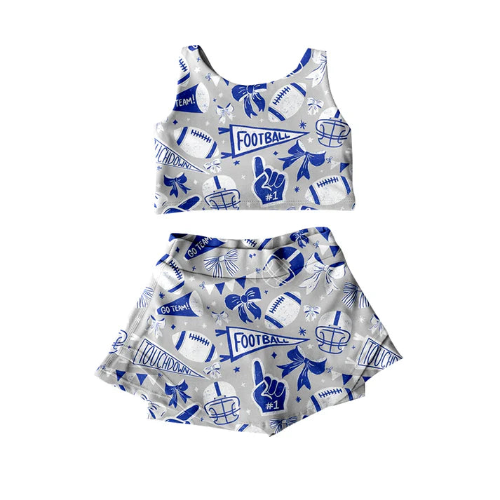 Preorder moq 5 Baby Girls Sleeveless Blue Football Cheer Plaid Vest Top Skorts Team Set 7.11