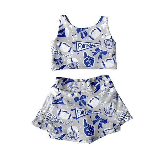 Preorder moq 5 Baby Girls Sleeveless Blue Football Cheer Plaid Vest Top Skorts Team Set 7.11