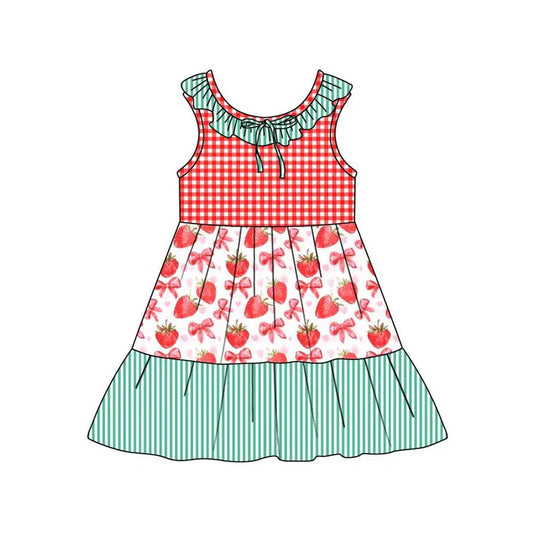 Preorder (moq 5)Baby Girls Collar Strawberry Checked Stripe Patchwork Knee Length Dresses 12.4