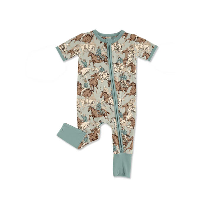 preorder(moq 5) Baby Boys Short Sleeve Horse Rodeos Western Two Way Zip Convertible Rompers 12.31