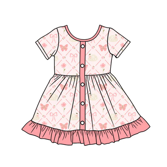 Preorder (moq 5)Baby Girls Bows Butterfly Checked Button Ruffle Knee Length Dresses 12.24