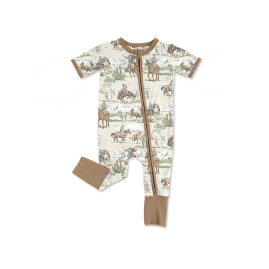 preorder(moq 5) Baby Boys Short Sleeve Horse Rodeos Western Two Way Zip Convertible Rompers 12.31