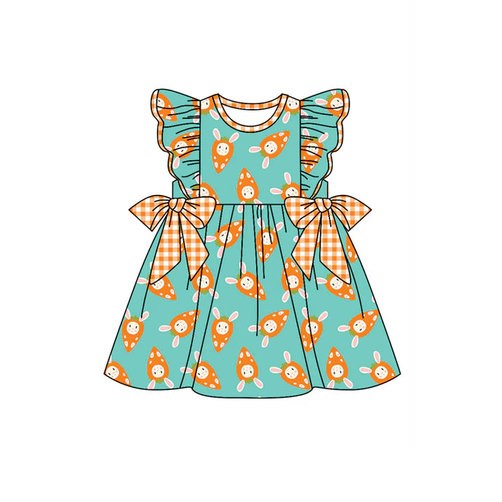 Preorder (moq 5)Baby Girls Rabbit Carrots Bows Easter Knee Length Dresses 12.30