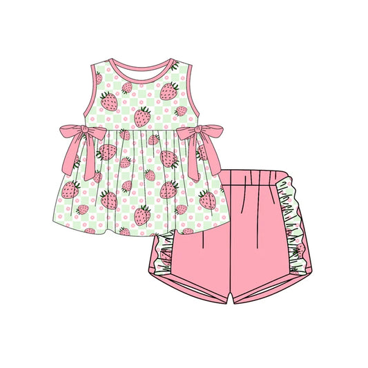 Preorder (moq 5)Baby Girls Flowers Strawberry Checked Tunic Ruffle Shorts Clothes Set 12.29