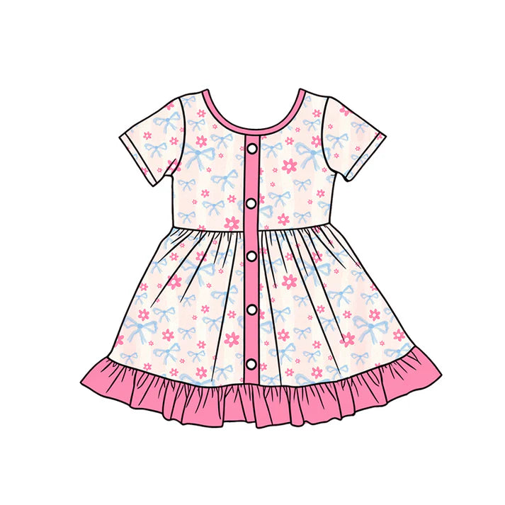 Preorder (moq 5)Baby Girls Bows Flowers Button Ruffle Knee Length Dresses 12.24
