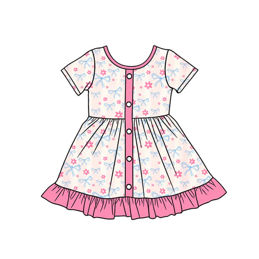 Preorder (moq 5)Baby Girls Bows Flowers Button Ruffle Knee Length Dresses 12.24