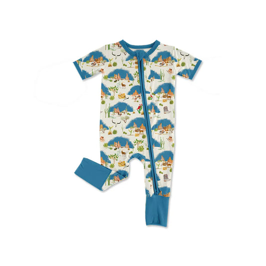 preorder(moq 5) Baby Boys Cactus Bull Skulls Western Two Way Zip Convertible Rompers 12.29